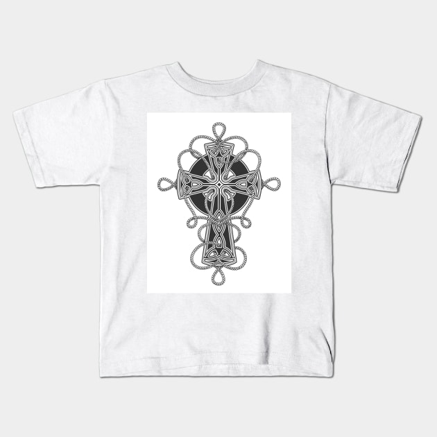 Celtic Cross entwined by ropes Tattoo in engraving style. Kids T-Shirt by devaleta